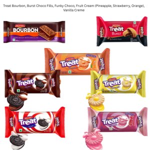 Treat Bourbon, Burst Choco Fills, Funky Choco, Fruit Cream -Pineapple, Strawberry, Orange-, Vanilla Creme