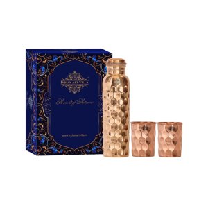 Pure Copper Drinkware Gift Set of Diamond Hammered Design 1 Bottle & 2 Glass