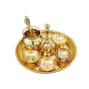 6 Inch Puja Thali with Pital Plate Chandan Wati Kalash Kuber Diya Ghanti Palli Arti Thali
